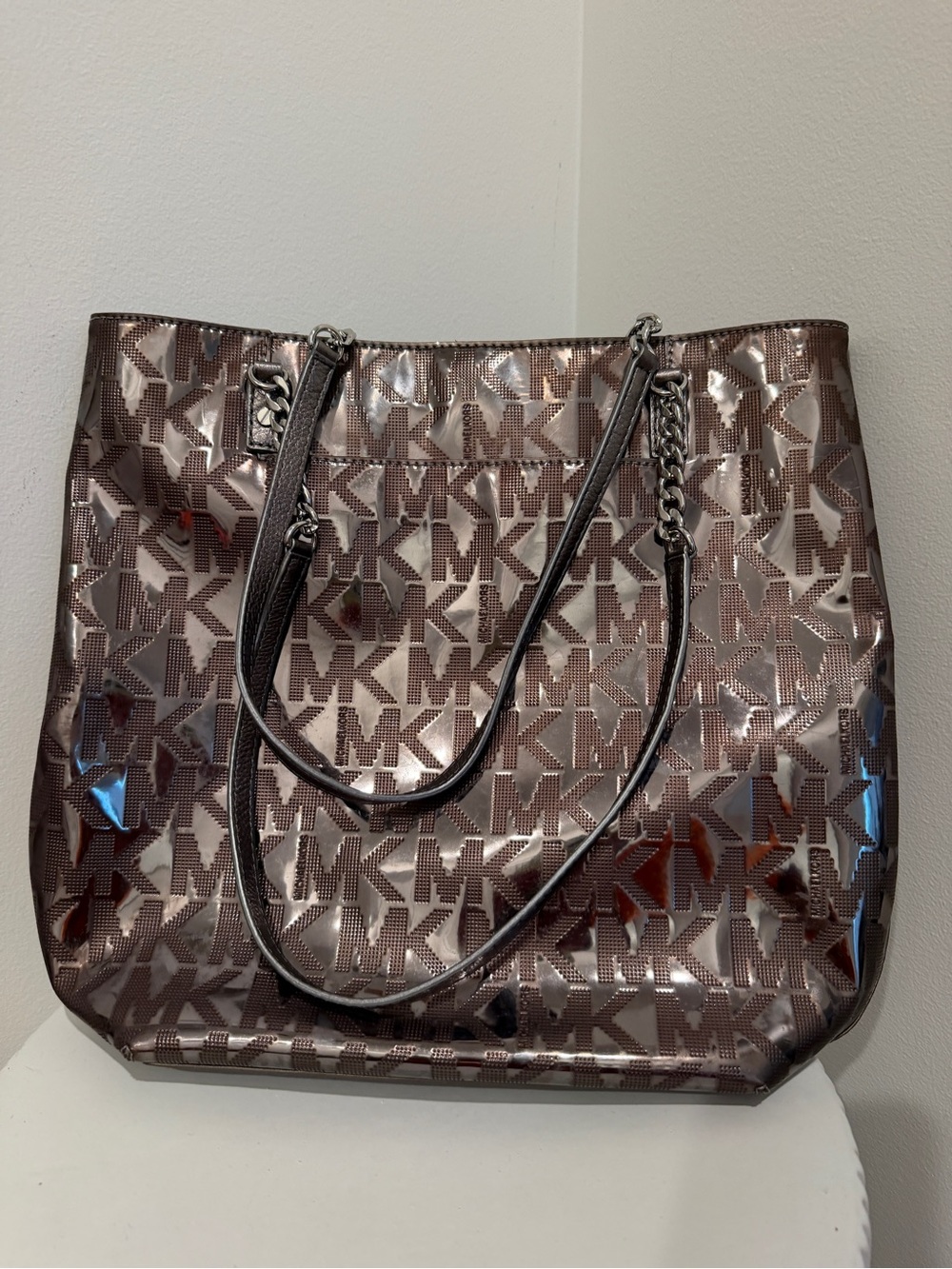 Michael Kors Metallic Brown Logo Tote with Chain-Strap Detail